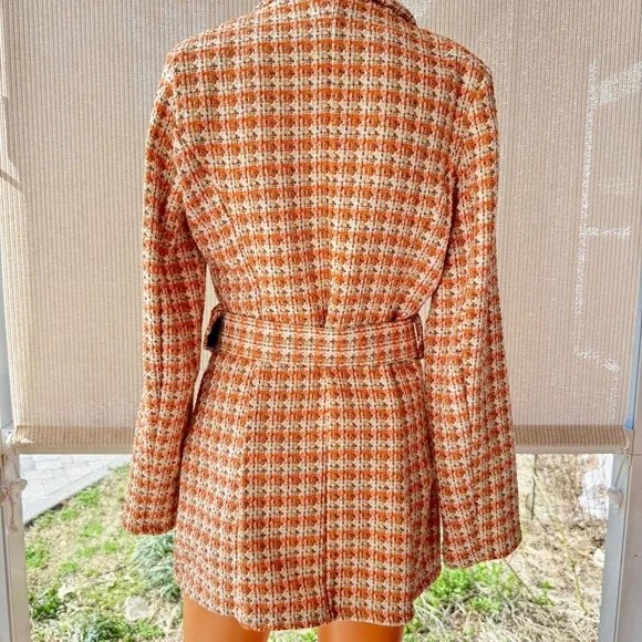 Venti6 Italian Boucle Tweed Belted Jacket Orange Cream Tailored Coat M - Picture 3 of 6